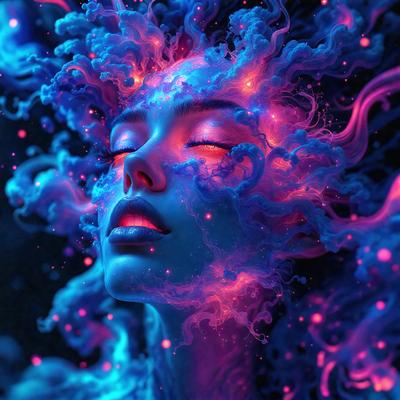 The primary subject of the image is a woman with blue hair, who appears to be a digital art or illustration. She is surrounded by a vibrant and colorful environment, with a blue and purple background. The visual style of the image suggests that it is a digital art or illustration, rather than a photo or a drawing. The woman's blue hair and the colorful background create a unique and artistic atmosphere.